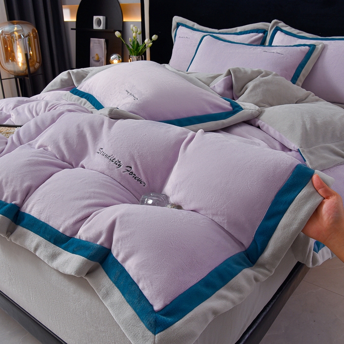 91家纺网 家纺一手货源 找家纺 米奈家居 2025新款宝宝绒撞色拼角四件套-罗兰 香芋紫