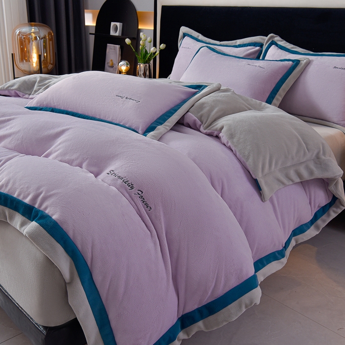 91家纺网 家纺一手货源 找家纺 米奈家居 2025新款宝宝绒撞色拼角四件套-罗兰 香芋紫