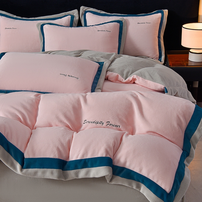 米奈家居 2025新款宝宝绒撞色拼角四件套-罗兰 元气粉