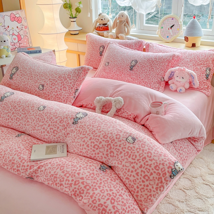 91家纺网 家纺一手货源 找家纺 一比一  2025新款双面牛奶绒四件套 豹纹KT-粉