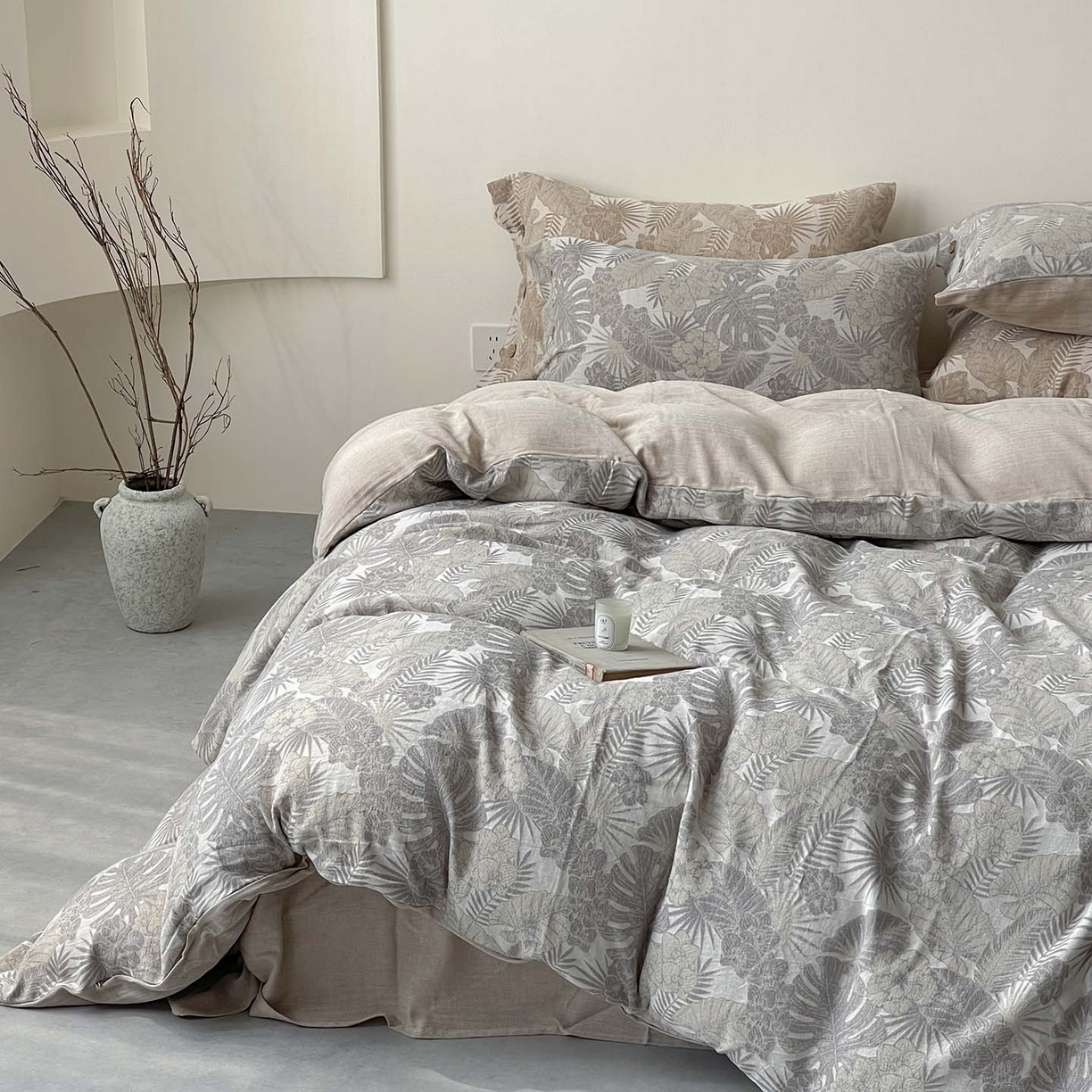 91家纺网 家纺一手货源 找家纺  2025新款秋冬新款色织提花棉麻四件套纯棉全棉复古风素色亚麻高级感工艺款床上用品 茉宜-灰