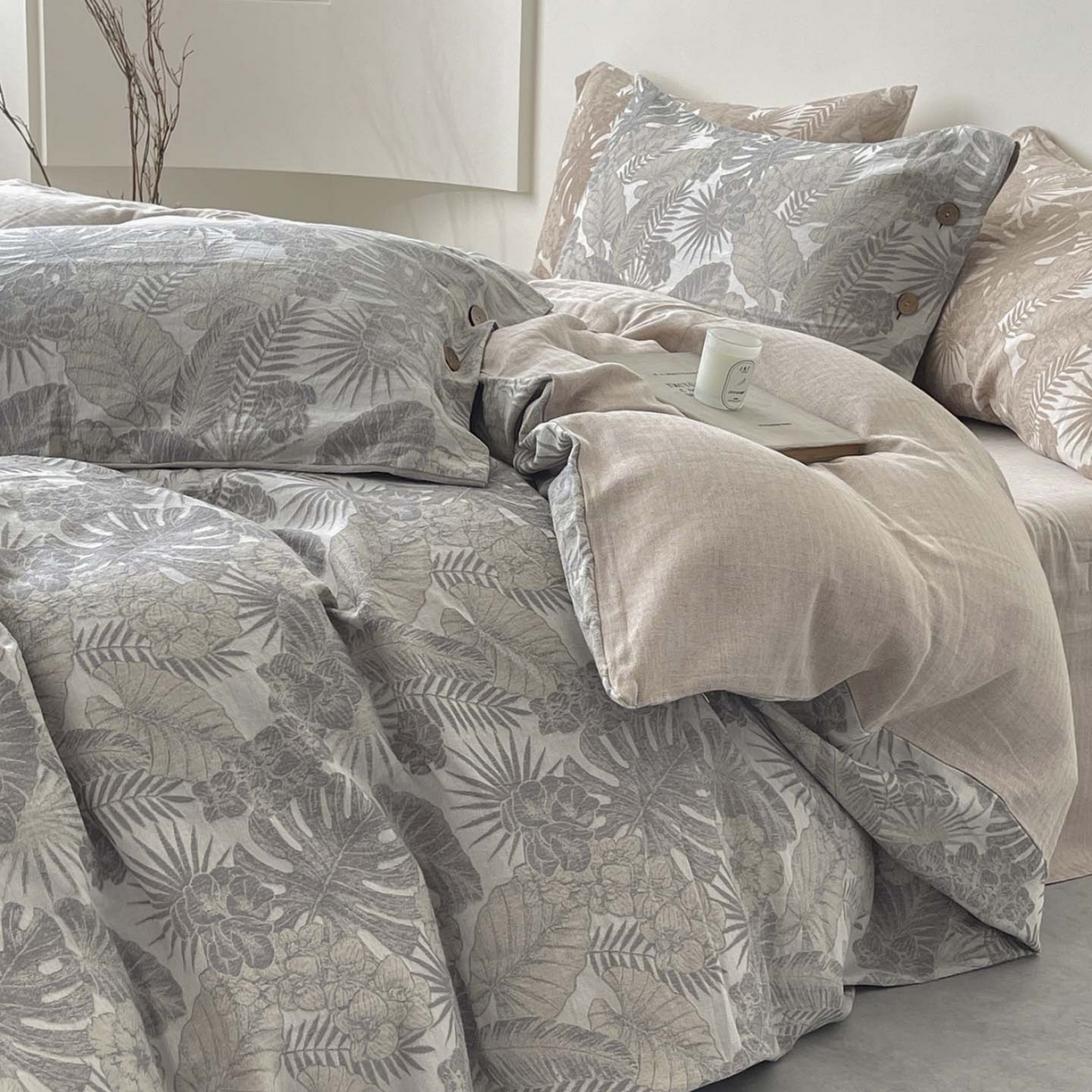 91家纺网 家纺一手货源 找家纺  2025新款秋冬新款色织提花棉麻四件套纯棉全棉复古风素色亚麻高级感工艺款床上用品 茉宜-灰