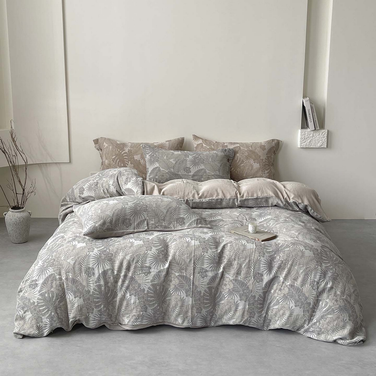 91家纺网 家纺一手货源 找家纺  2025新款秋冬新款色织提花棉麻四件套纯棉全棉复古风素色亚麻高级感工艺款床上用品 茉宜-灰