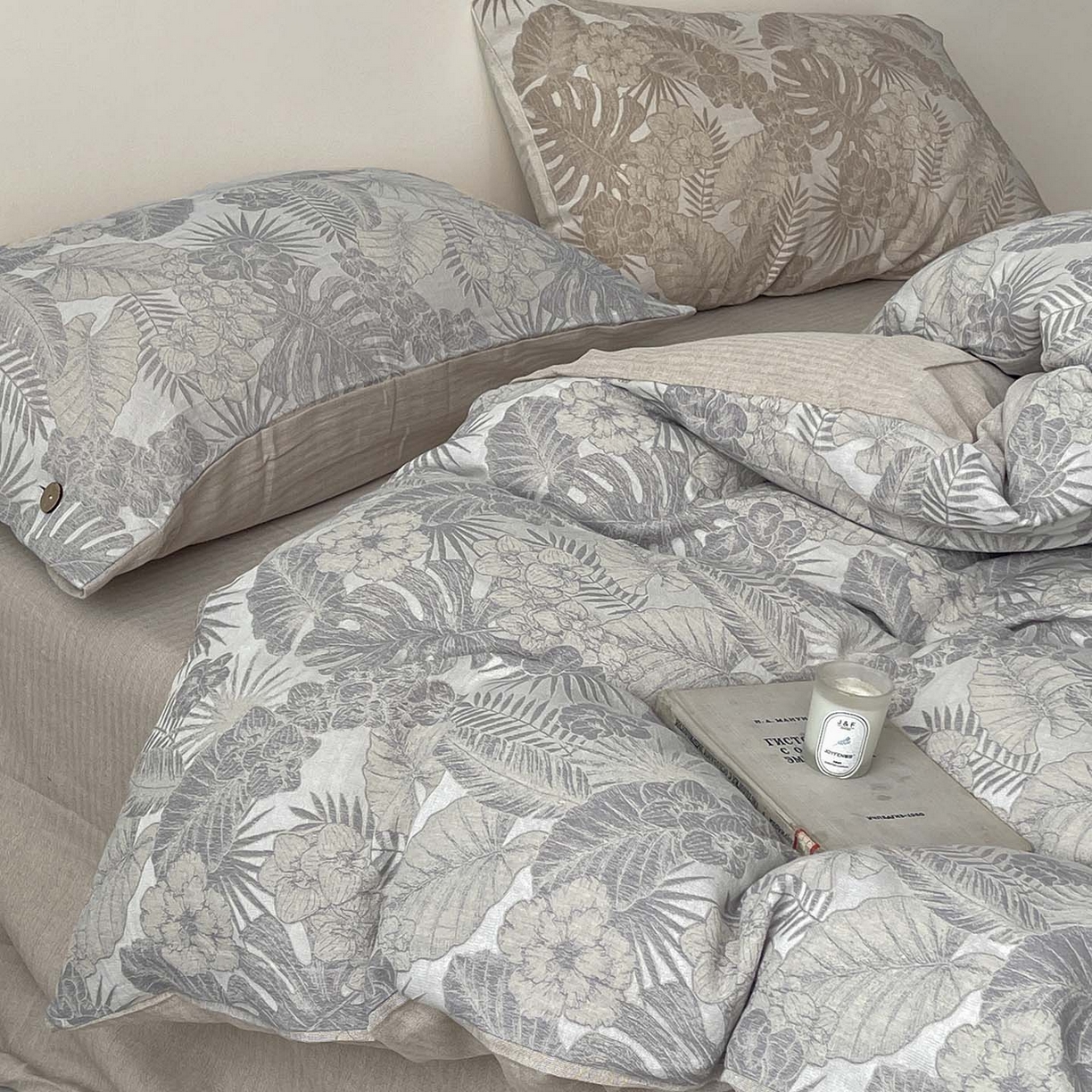 91家纺网 家纺一手货源 找家纺  2025新款秋冬新款色织提花棉麻四件套纯棉全棉复古风素色亚麻高级感工艺款床上用品 茉宜-灰