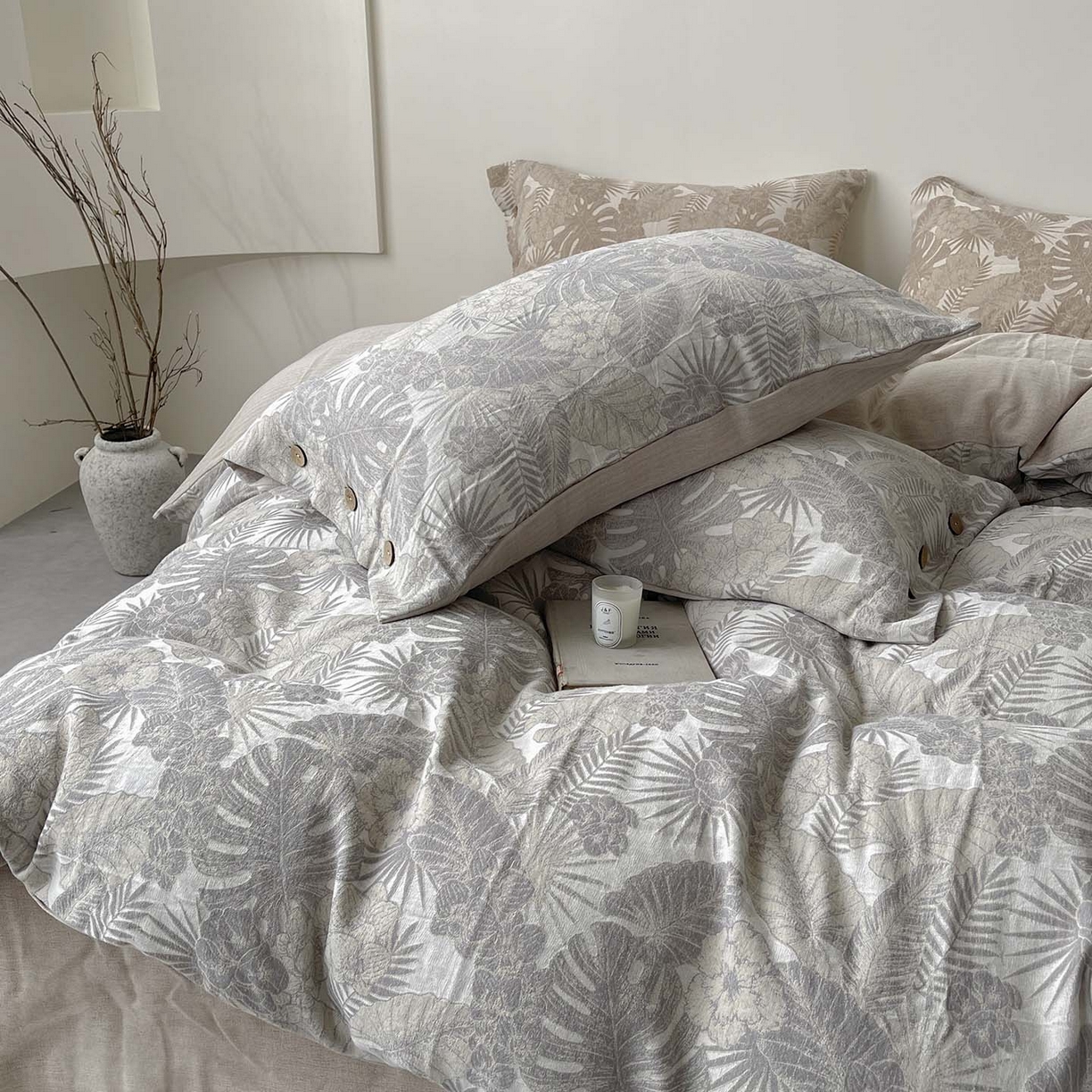 91家纺网 家纺一手货源 找家纺  2025新款秋冬新款色织提花棉麻四件套纯棉全棉复古风素色亚麻高级感工艺款床上用品 茉宜-灰