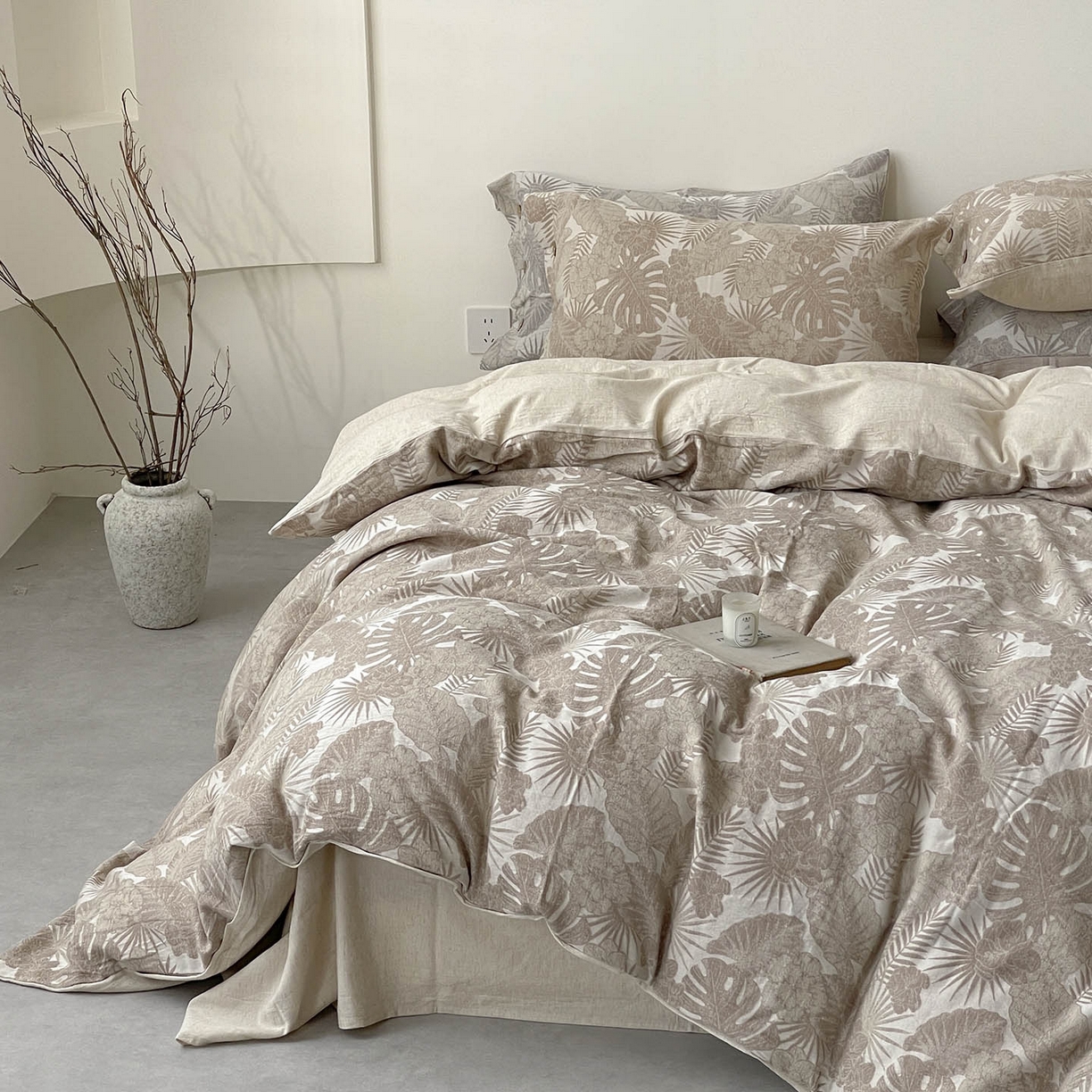 91家纺网 家纺一手货源 找家纺  2025新款秋冬新款色织提花棉麻四件套纯棉全棉复古风素色亚麻高级感工艺款床上用品 茉宜-棕