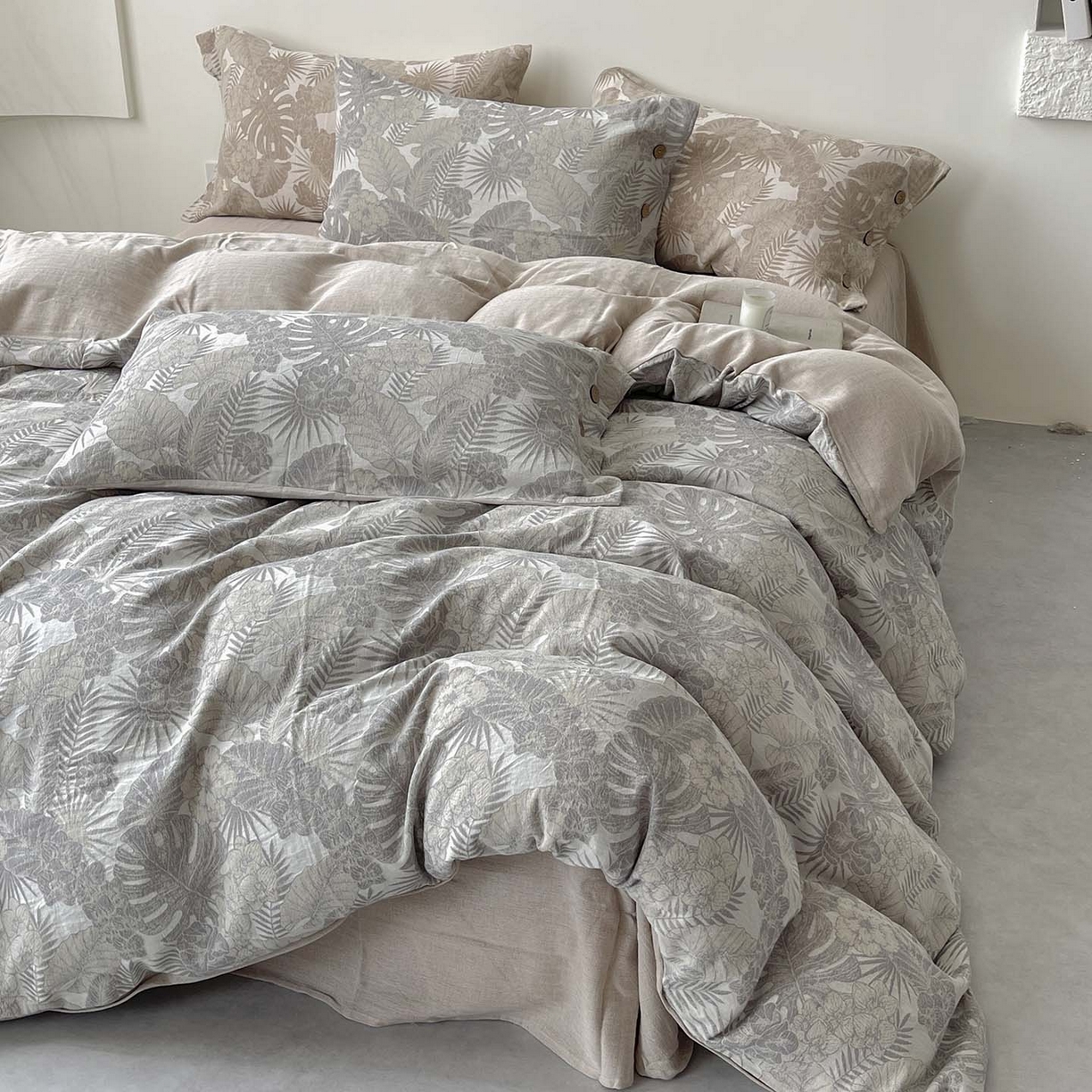 91家纺网 家纺一手货源 找家纺  2025新款秋冬新款色织提花棉麻四件套纯棉全棉复古风素色亚麻高级感工艺款床上用品 茉宜-灰