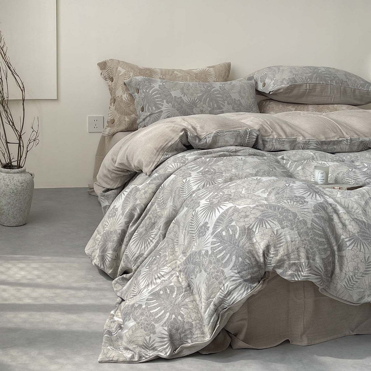 91家纺网 家纺一手货源 找家纺  2025新款秋冬新款色织提花棉麻四件套纯棉全棉复古风素色亚麻高级感工艺款床上用品 茉宜-灰