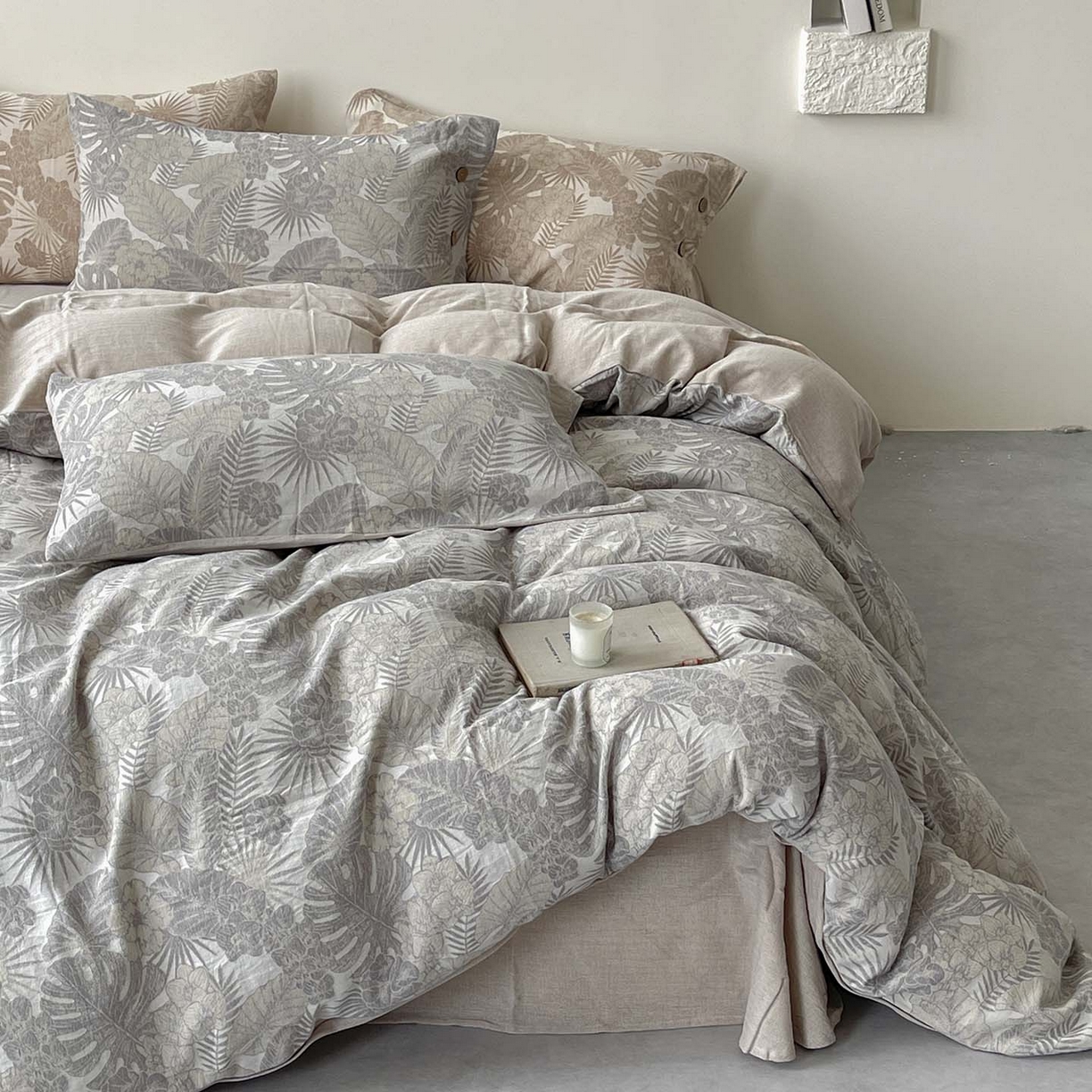  2025新款秋冬新款色织提花棉麻四件套纯棉全棉复古风素色亚麻高级感工艺款床上用品 茉宜-灰