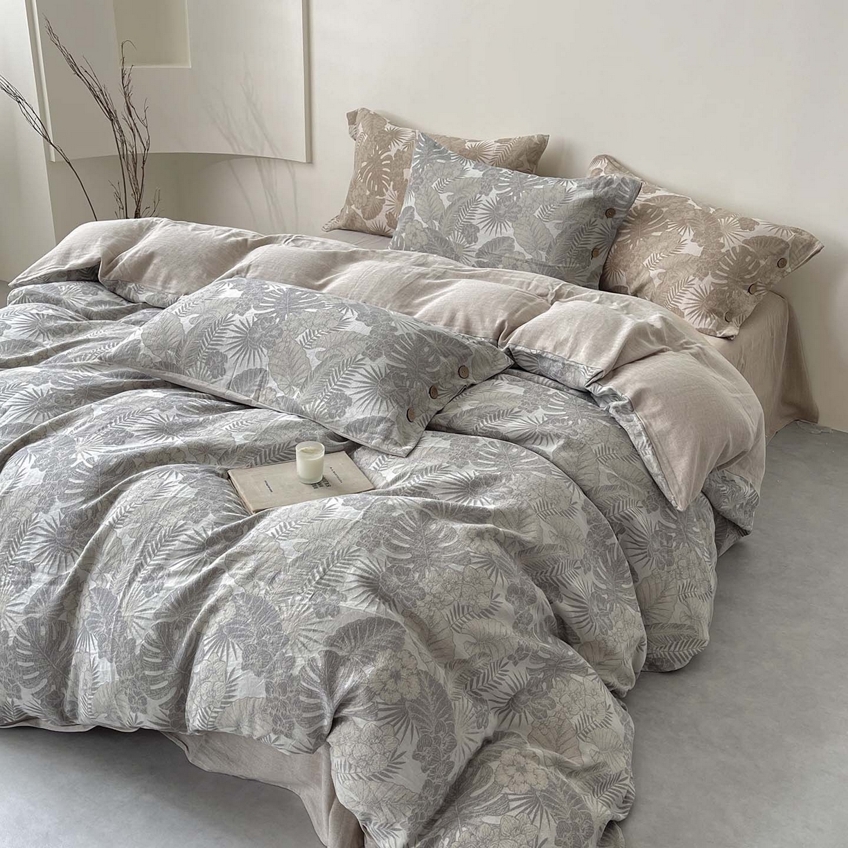 91家纺网 家纺一手货源 找家纺  2025新款秋冬新款色织提花棉麻四件套纯棉全棉复古风素色亚麻高级感工艺款床上用品 茉宜-灰