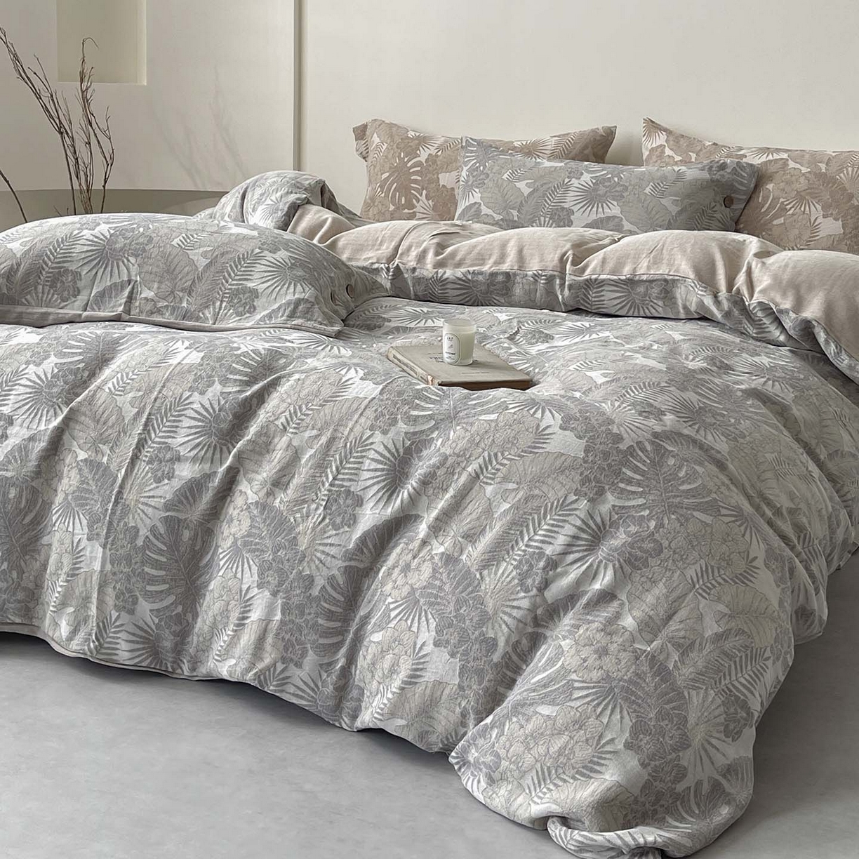 91家纺网 家纺一手货源 找家纺  2025新款秋冬新款色织提花棉麻四件套纯棉全棉复古风素色亚麻高级感工艺款床上用品 茉宜-灰