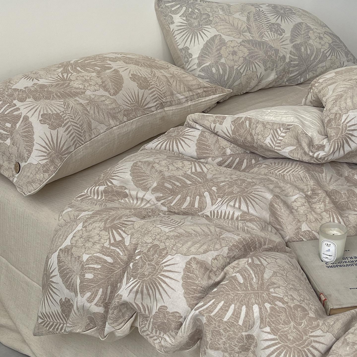 91家纺网 家纺一手货源 找家纺  2025新款秋冬新款色织提花棉麻四件套纯棉全棉复古风素色亚麻高级感工艺款床上用品 茉宜-棕