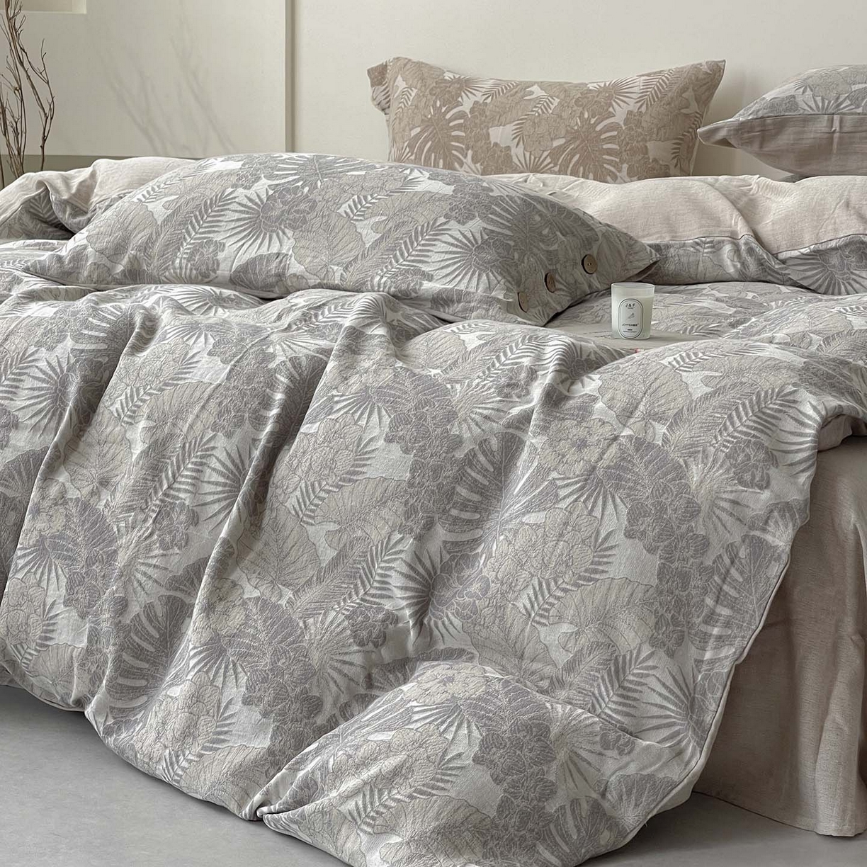 91家纺网 家纺一手货源 找家纺  2025新款秋冬新款色织提花棉麻四件套纯棉全棉复古风素色亚麻高级感工艺款床上用品 茉宜-灰