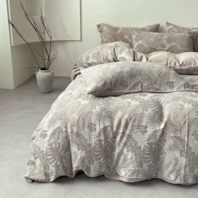 91家纺网 家纺一手货源 找家纺  2025新款秋冬新款色织提花棉麻四件套纯棉全棉复古风素色亚麻高级感工艺款床上用品 茉宜-灰