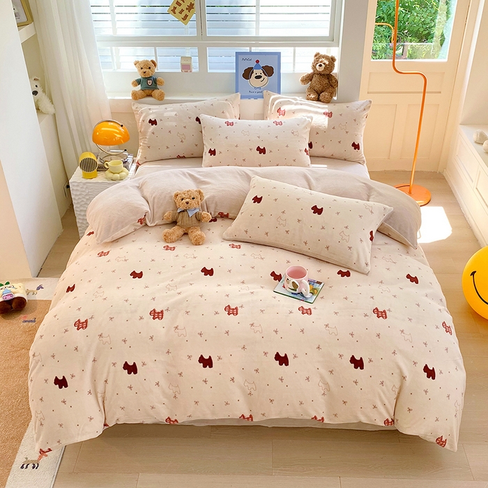 91家纺网 家纺一手货源 找家纺 YYDS网供  2025新款ins风牛奶绒四件套萌趣卡通三件套花卉单被套秋冬软fufu防静电 欢乐奶油小狗