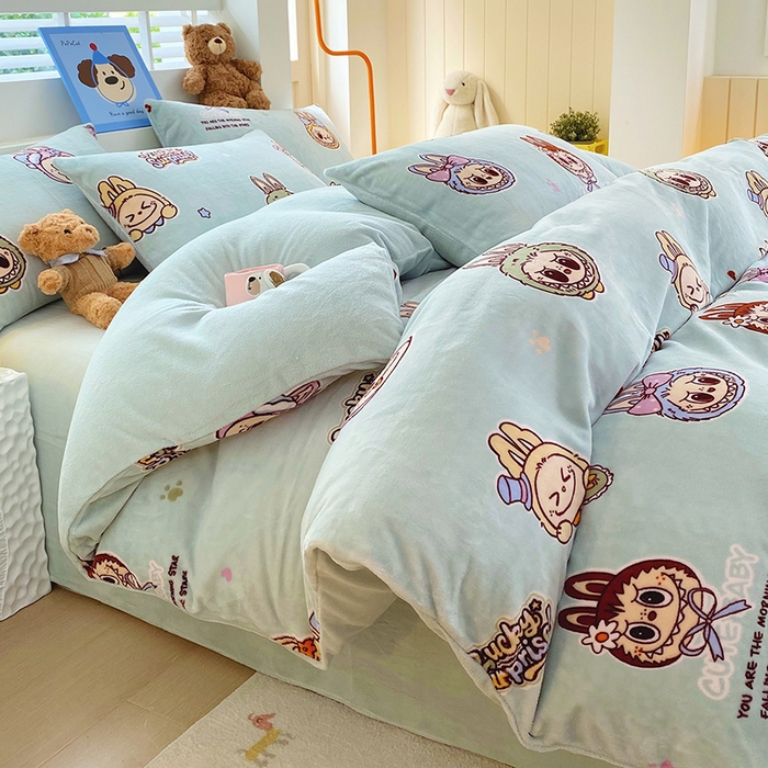 91家纺网 家纺一手货源 找家纺 YYDS网供  2025新款ins风牛奶绒四件套萌趣卡通三件套花卉单被套秋冬软fufu防静电 拉布精灵