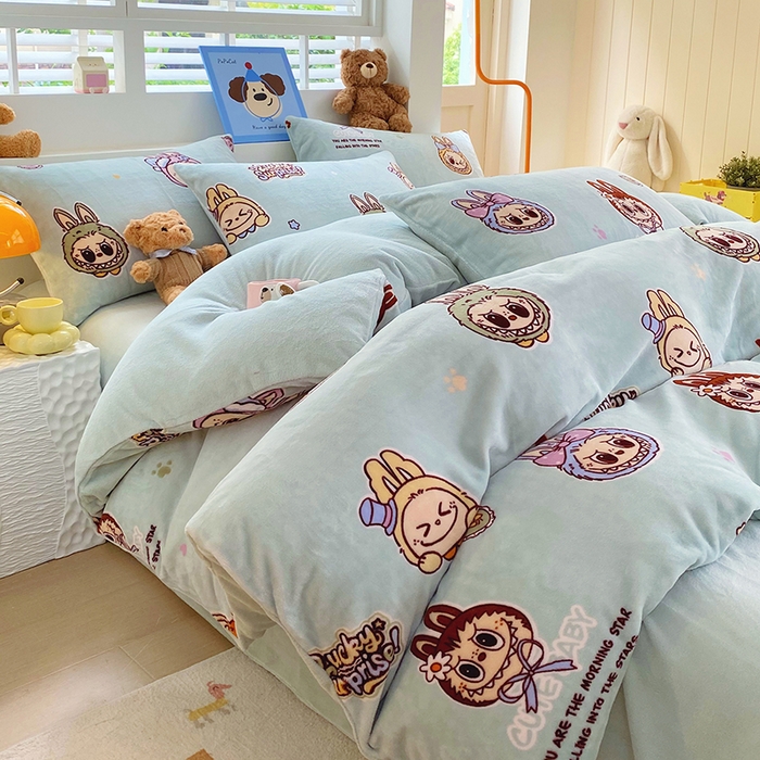 91家纺网 家纺一手货源 找家纺 YYDS网供  2025新款ins风牛奶绒四件套萌趣卡通三件套花卉单被套秋冬软fufu防静电 拉布精灵