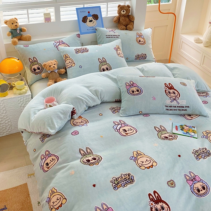 91家纺网 家纺一手货源 找家纺 YYDS网供  2025新款ins风牛奶绒四件套萌趣卡通三件套花卉单被套秋冬软fufu防静电 拉布精灵