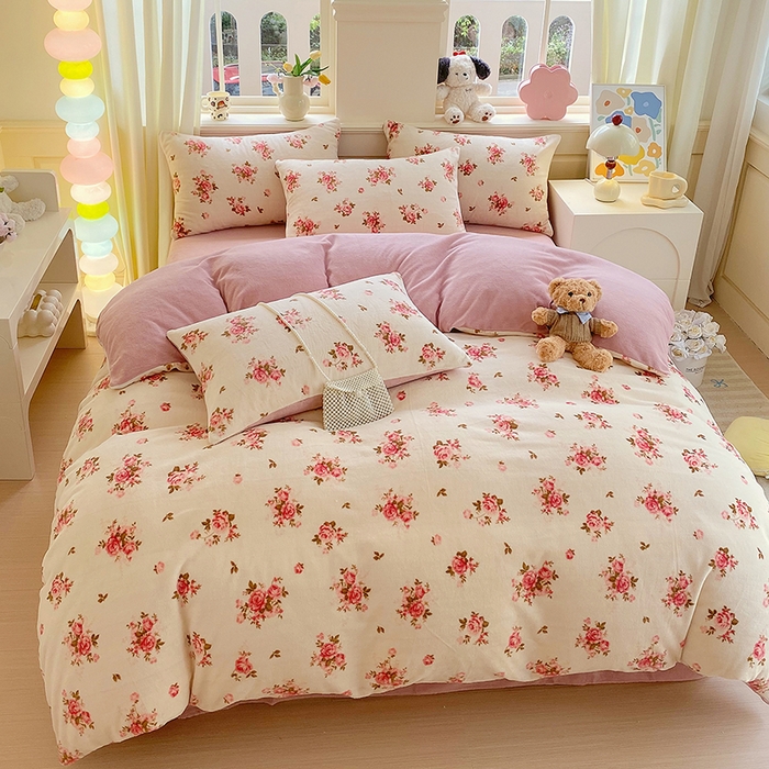 91家纺网 家纺一手货源 找家纺 YYDS网供  2025新款ins风牛奶绒四件套萌趣卡通三件套花卉单被套秋冬软fufu防静电 玫瑰约花仙子