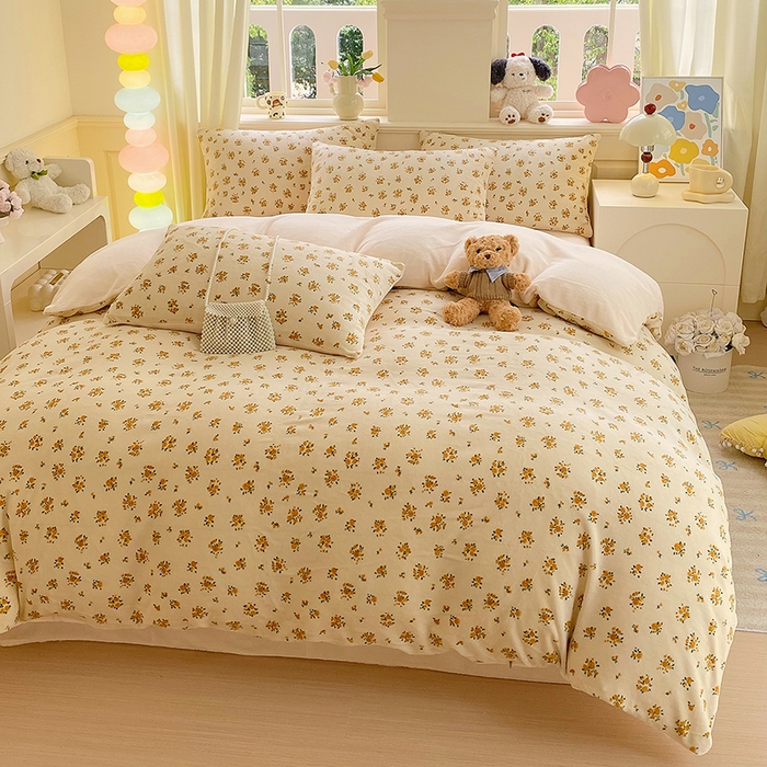 91家纺网 家纺一手货源 找家纺 YYDS网供  2025新款ins风牛奶绒四件套萌趣卡通三件套花卉单被套秋冬软fufu防静电 田国小花