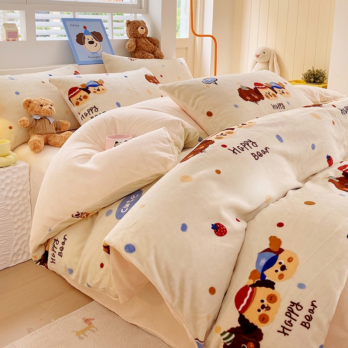 91家纺网 家纺一手货源 找家纺 YYDS网供  2025新款ins风牛奶绒四件套萌趣卡通三件套花卉单被套秋冬软fufu防静电 旺旺乐狗波点