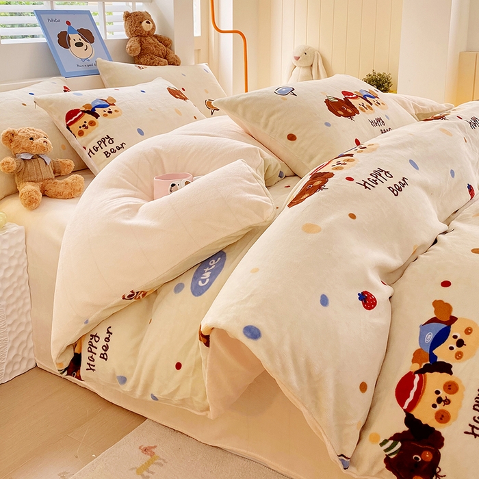 91家纺网 家纺一手货源 找家纺 YYDS网供  2025新款ins风牛奶绒四件套萌趣卡通三件套花卉单被套秋冬软fufu防静电 旺旺乐狗波点