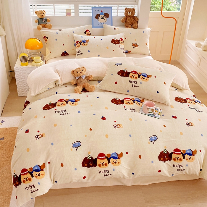 91家纺网 家纺一手货源 找家纺 YYDS网供  2025新款ins风牛奶绒四件套萌趣卡通三件套花卉单被套秋冬软fufu防静电 旺旺乐狗波点