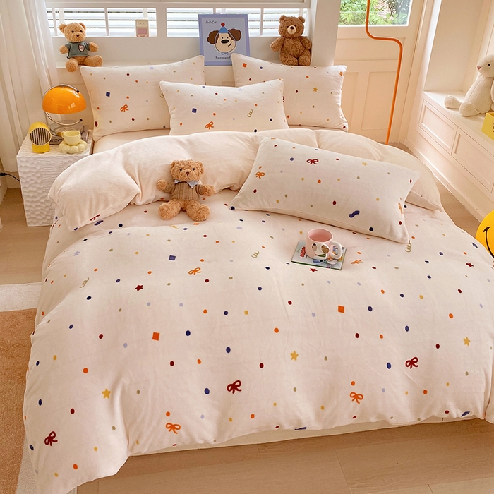 91家纺网 家纺一手货源 找家纺 YYDS网供  2025新款ins风牛奶绒四件套萌趣卡通三件套花卉单被套秋冬软fufu防静电 五彩星空点点