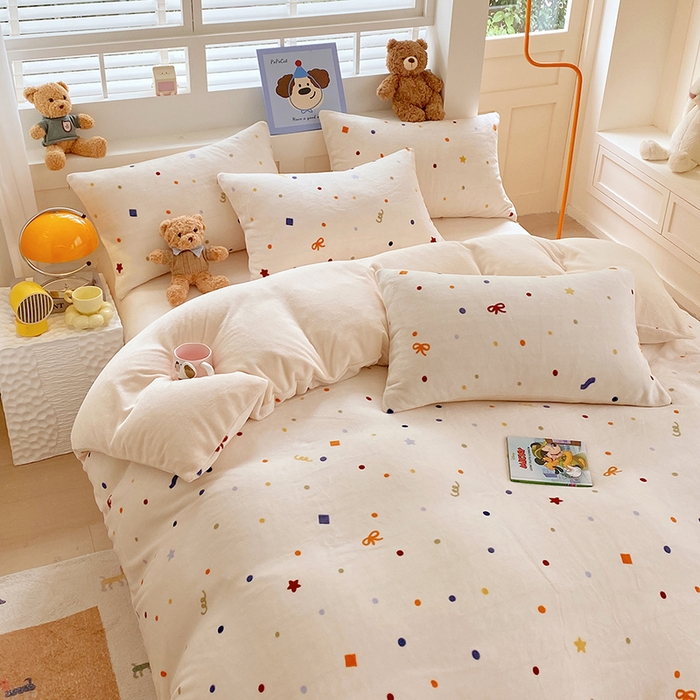 91家纺网 家纺一手货源 找家纺 YYDS网供  2025新款ins风牛奶绒四件套萌趣卡通三件套花卉单被套秋冬软fufu防静电 五彩星空点点