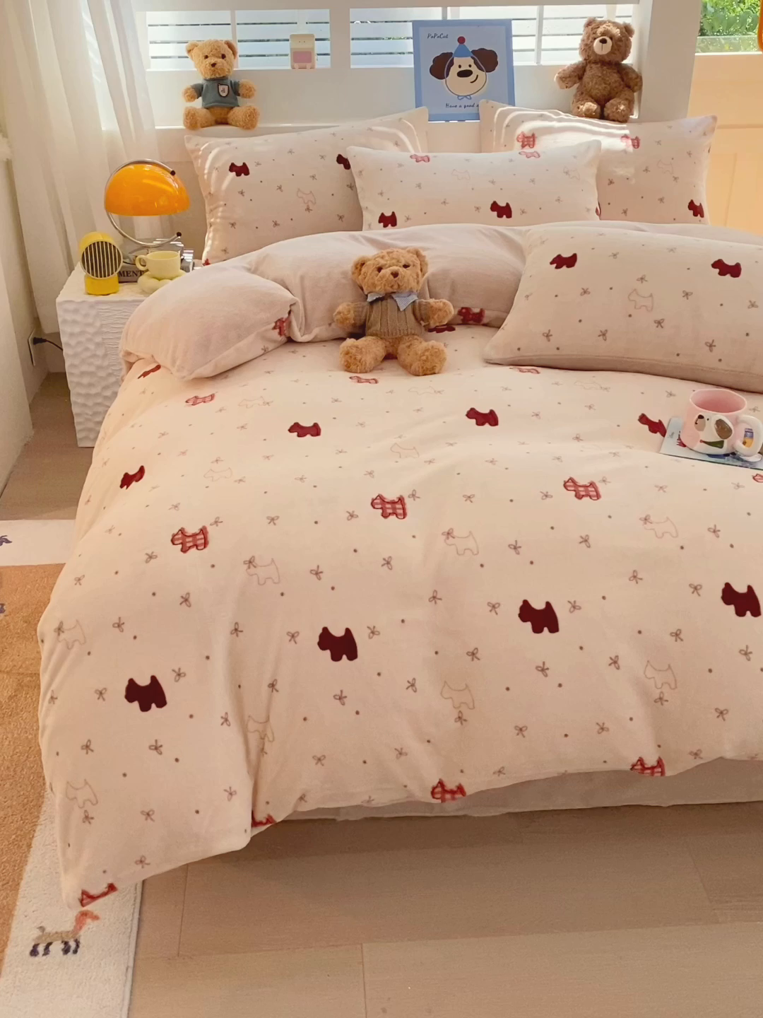 91家纺网 家纺一手货源 找家纺 YYDS网供  2025新款ins风牛奶绒四件套萌趣卡通三件套花卉单被套秋冬软fufu防静电 欢乐奶油小狗