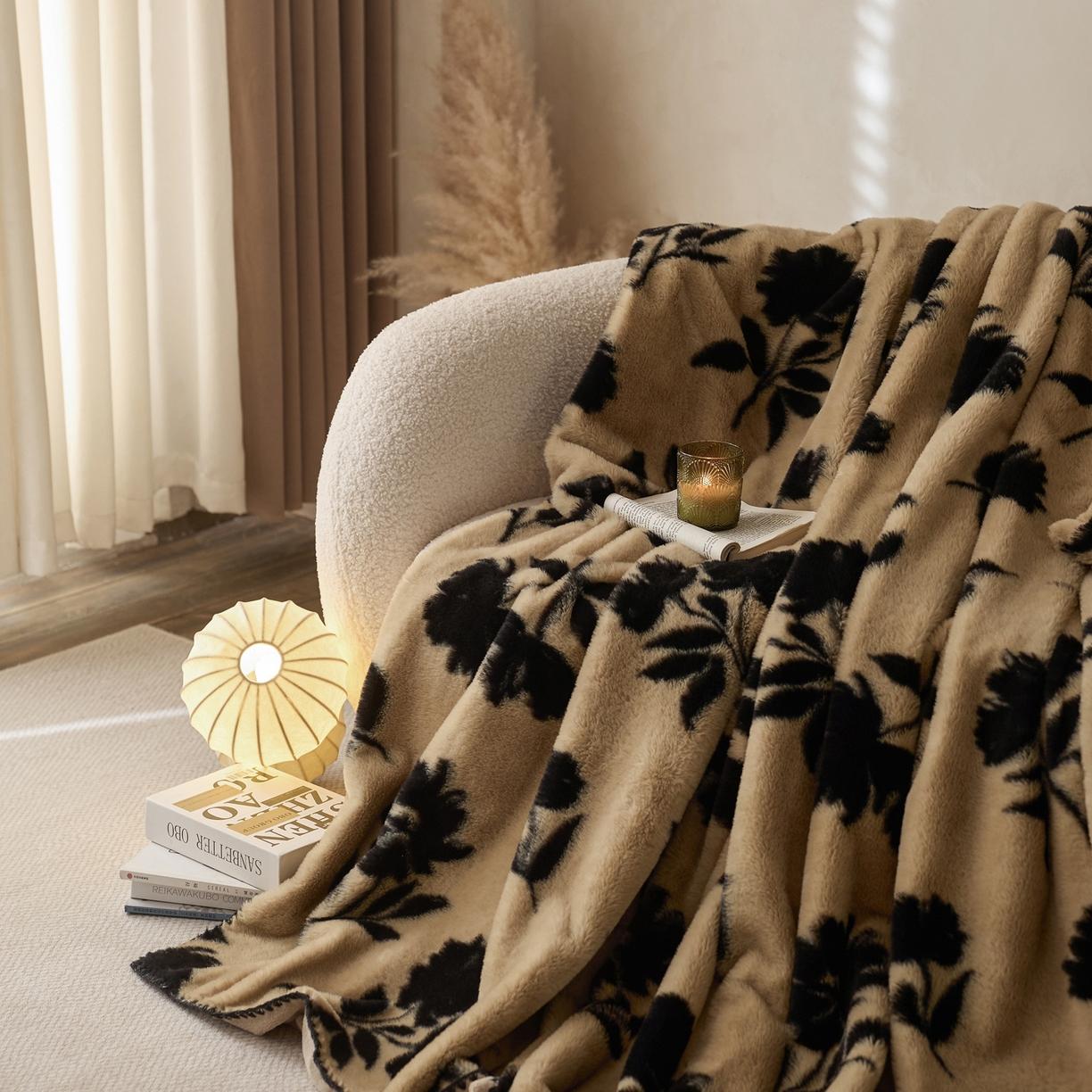 91家纺网 家纺一手货源 找家纺 宜代光年 2025新款小米貂印花复合绒毯毯子-系列一 绒毯-墨韵花影