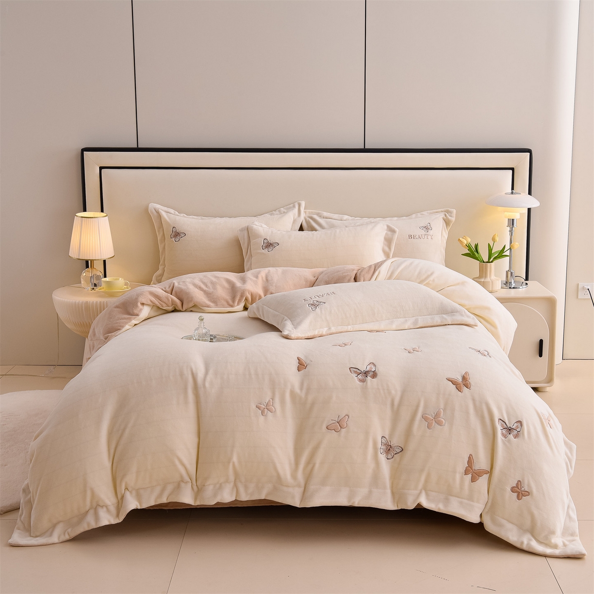 鼎飞家纺 2025新款加厚牛奶绒蝴蝶绣花四件套-梦蝶 梦蝶-奶咖