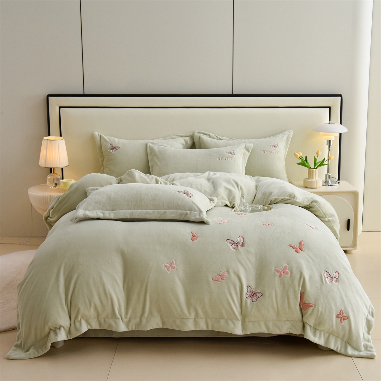 鼎飞家纺 2025新款加厚牛奶绒蝴蝶绣花四件套-梦蝶 梦蝶-诺绿