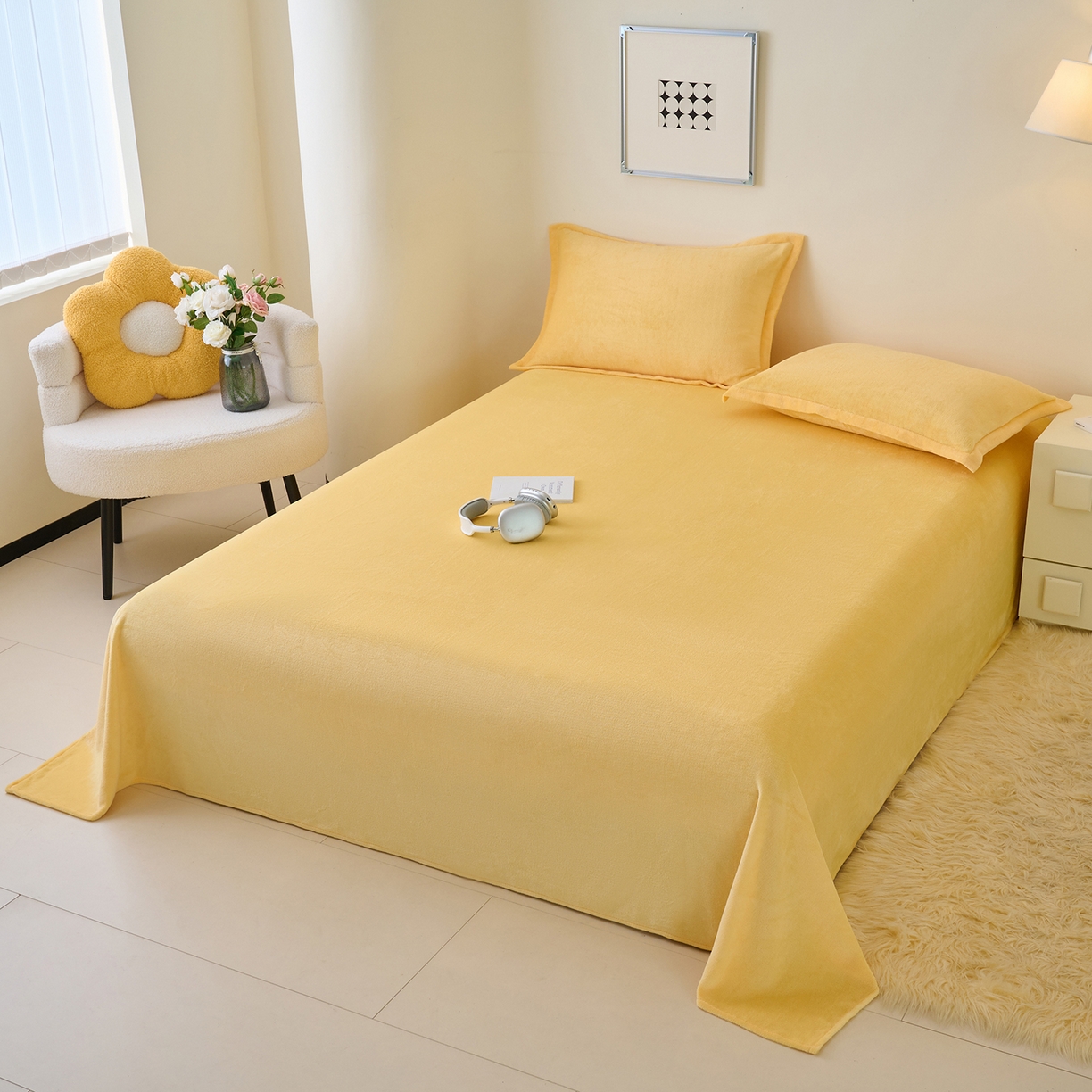 91家纺网 家纺一手货源 找家纺 简爱家纺 2025新款高克重牛奶绒枕套 柠檬黄