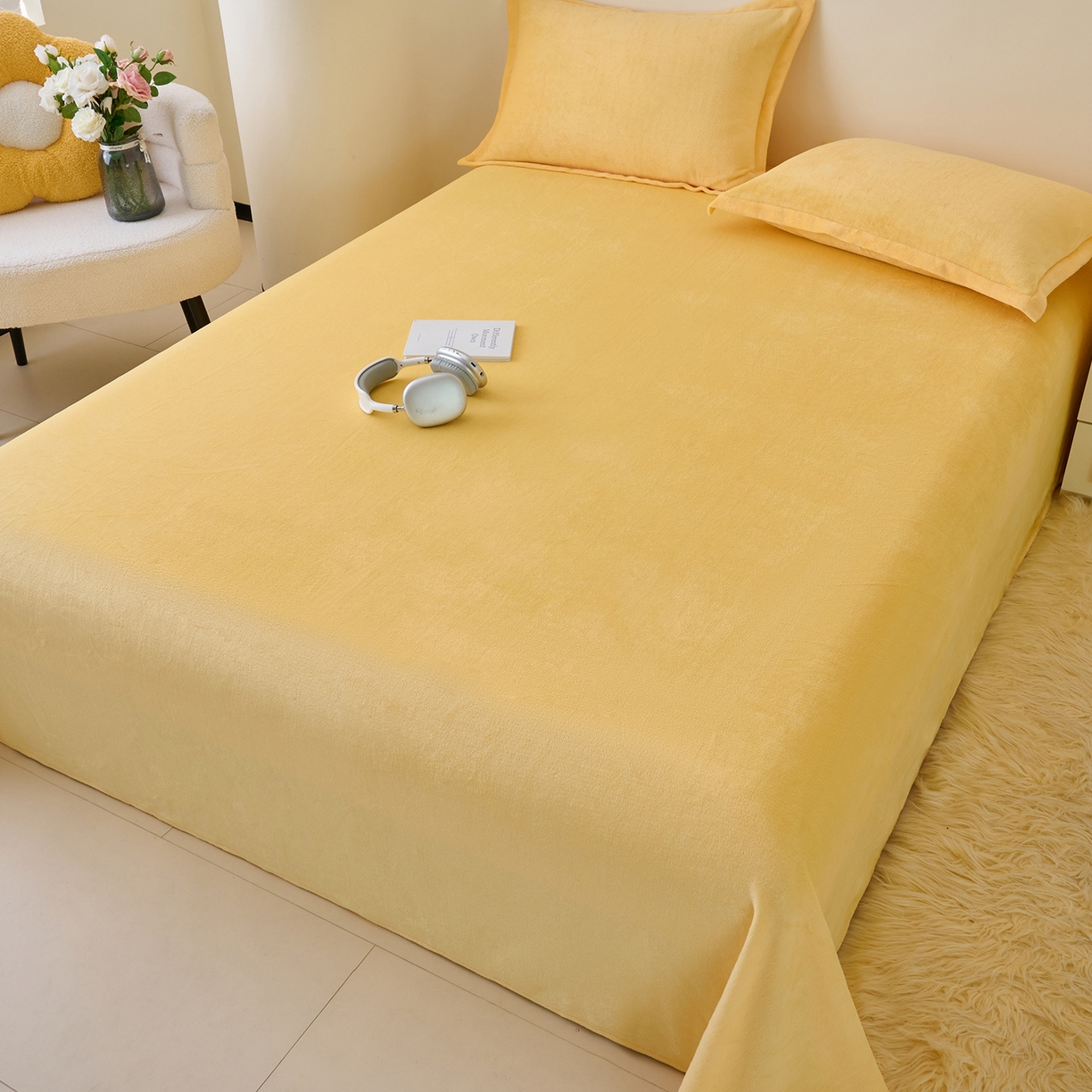 91家纺网 家纺一手货源 找家纺 简爱家纺 2025新款高克重牛奶绒枕套 柠檬黄