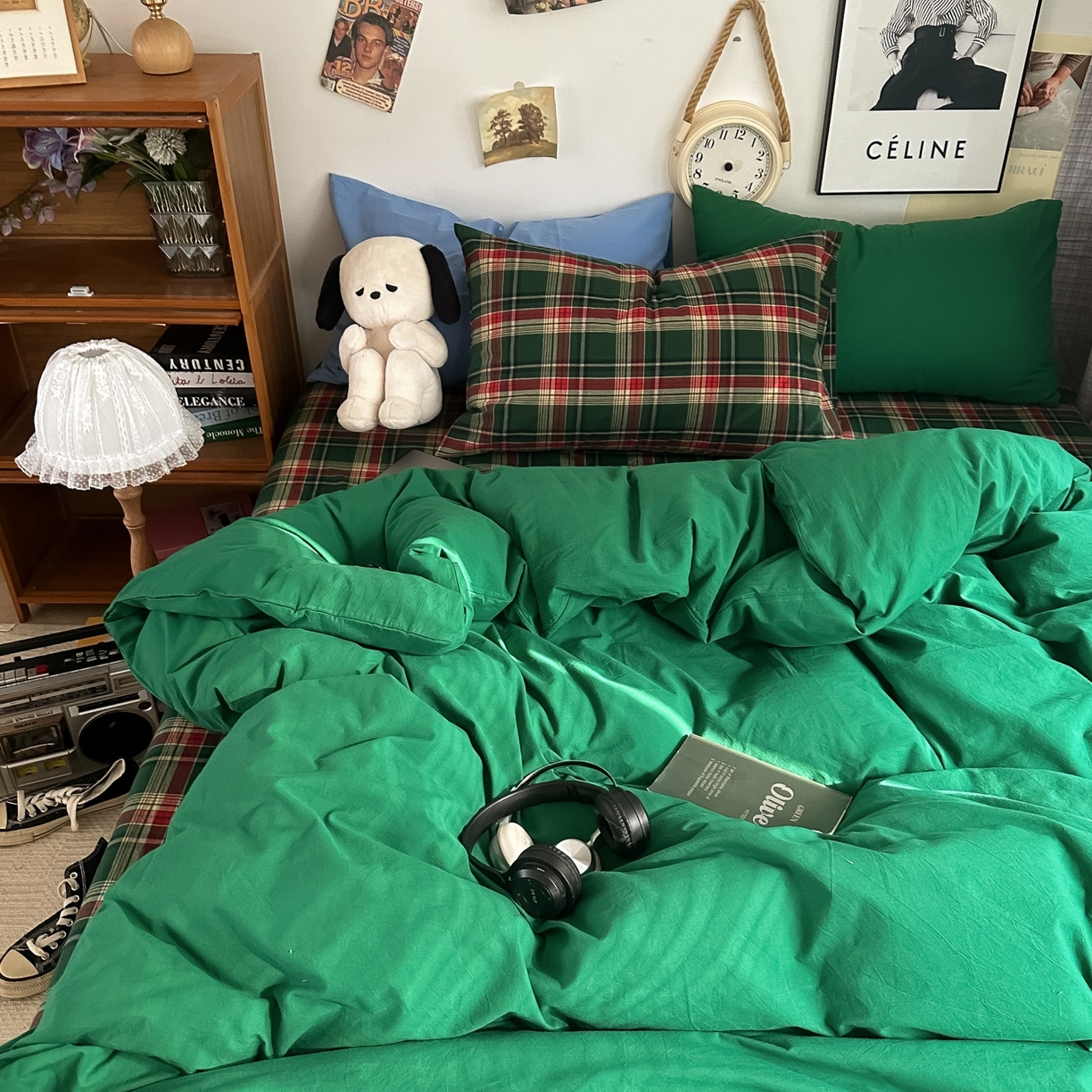 91家纺网 家纺一手货源 找家纺 对白 2025新款全棉色织水洗棉四件套-夏尔木屋 枕套格子+海王绿