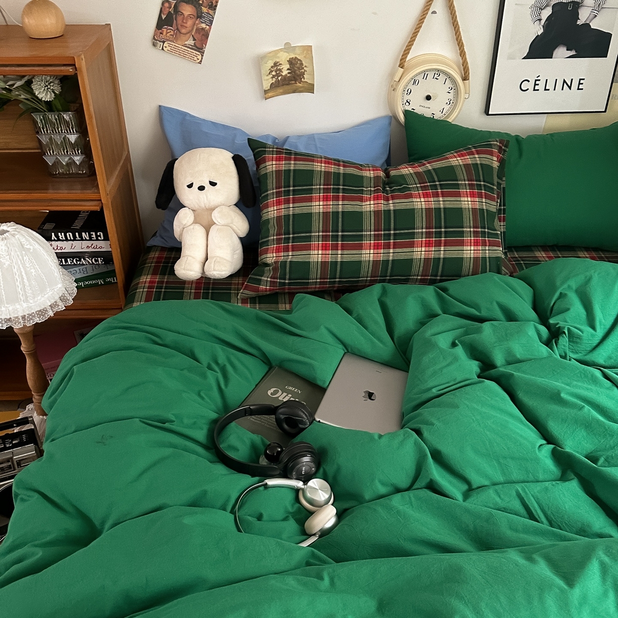 91家纺网 家纺一手货源 找家纺 对白 2025新款全棉色织水洗棉四件套-夏尔木屋 枕套格子+海王绿