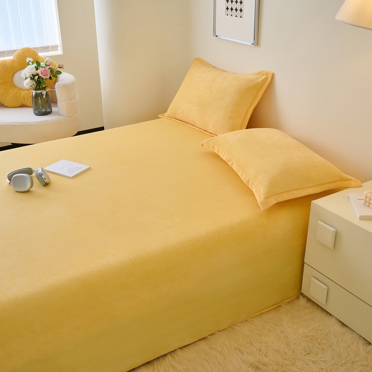 91家纺网 家纺一手货源 找家纺 简爱家纺 2025新款高克重牛奶绒枕套 柠檬黄