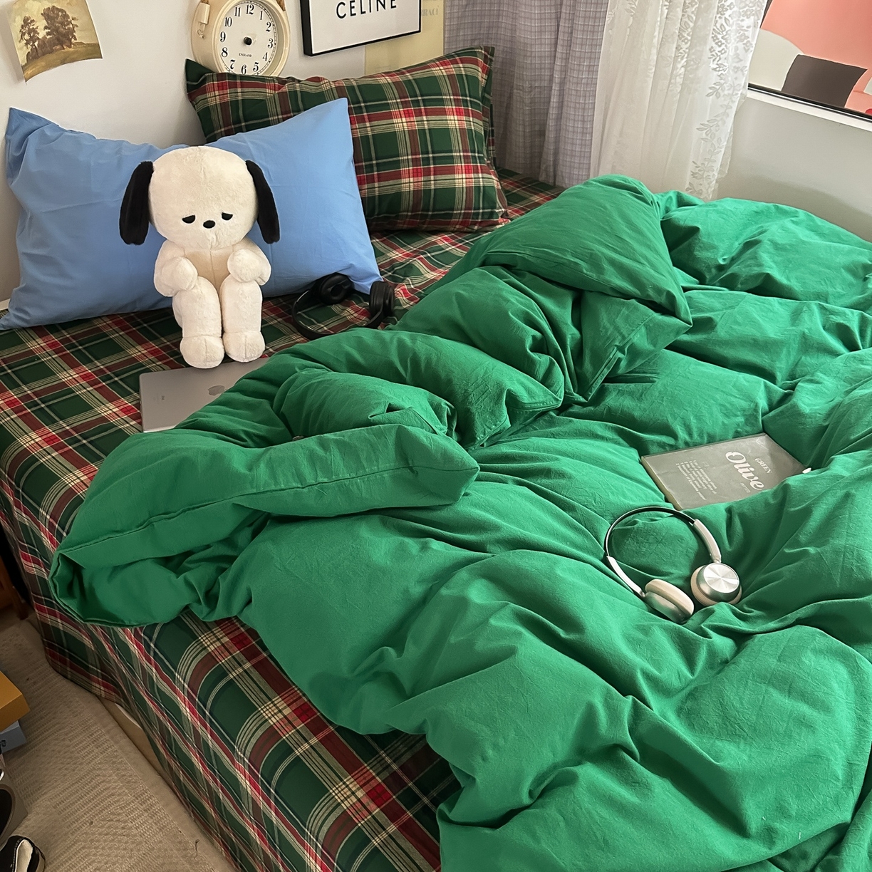 91家纺网 家纺一手货源 找家纺 对白 2025新款全棉色织水洗棉四件套-夏尔木屋 枕套格子+鸢尾蓝