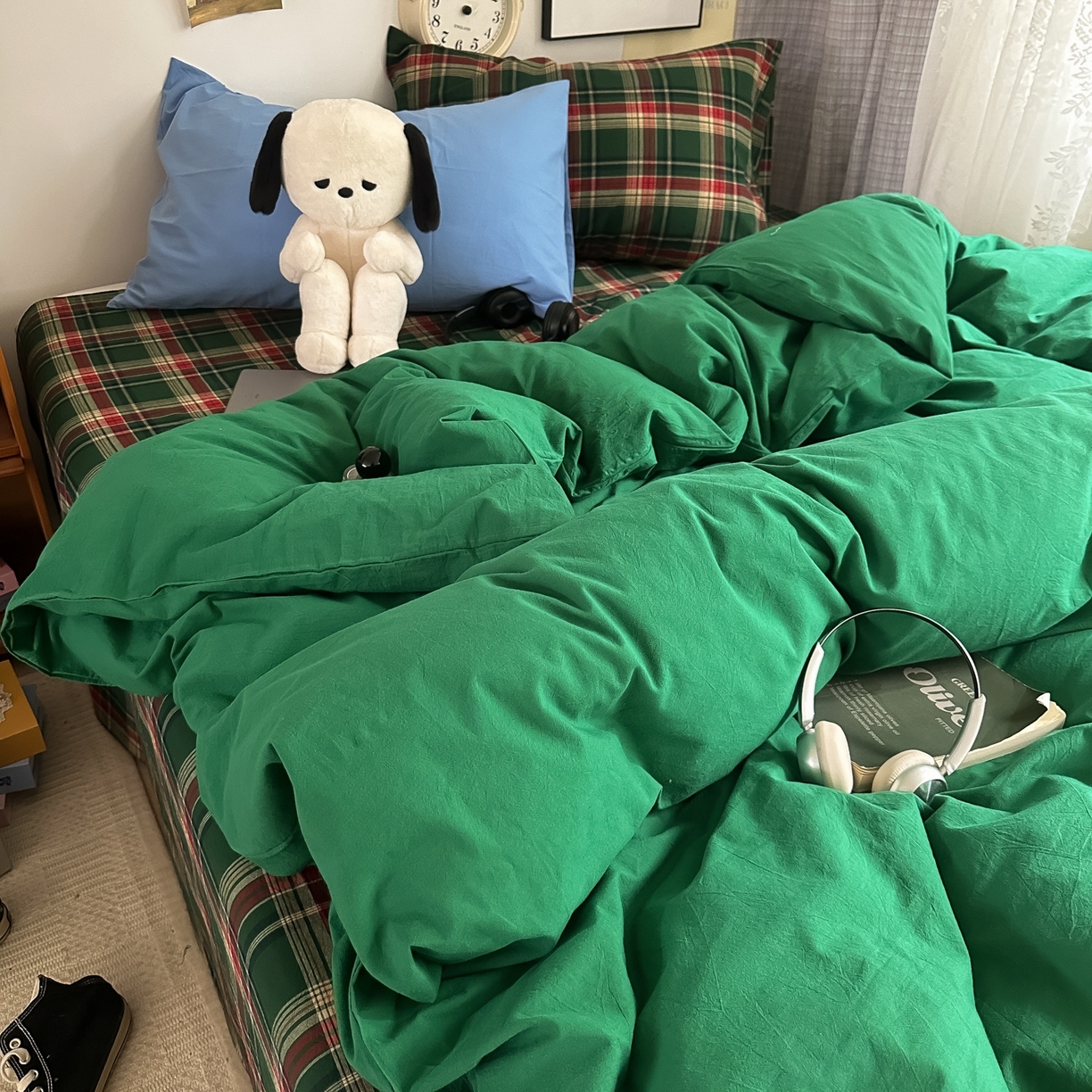 91家纺网 家纺一手货源 找家纺 对白 2025新款全棉色织水洗棉四件套-夏尔木屋 枕套格子+鸢尾蓝