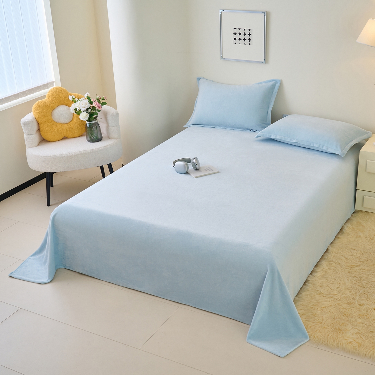 91家纺网 家纺一手货源 找家纺 简爱家纺 2025新款高克重牛奶绒枕套 天蓝