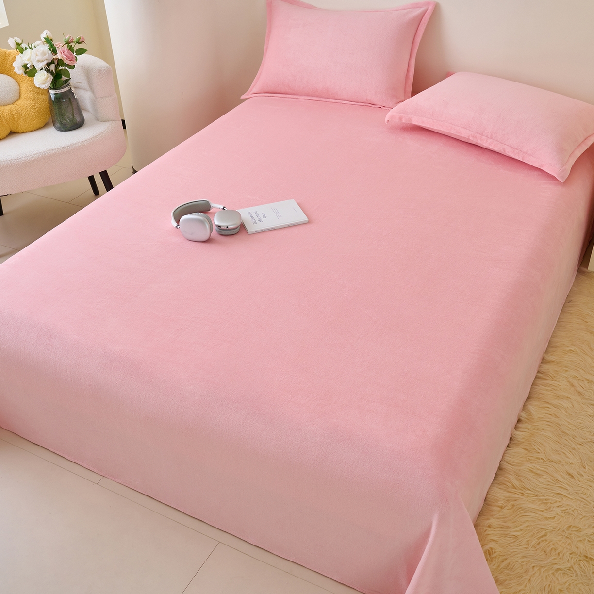 91家纺网 家纺一手货源 找家纺 简爱家纺 2025新款高克重牛奶绒枕套 樱花粉