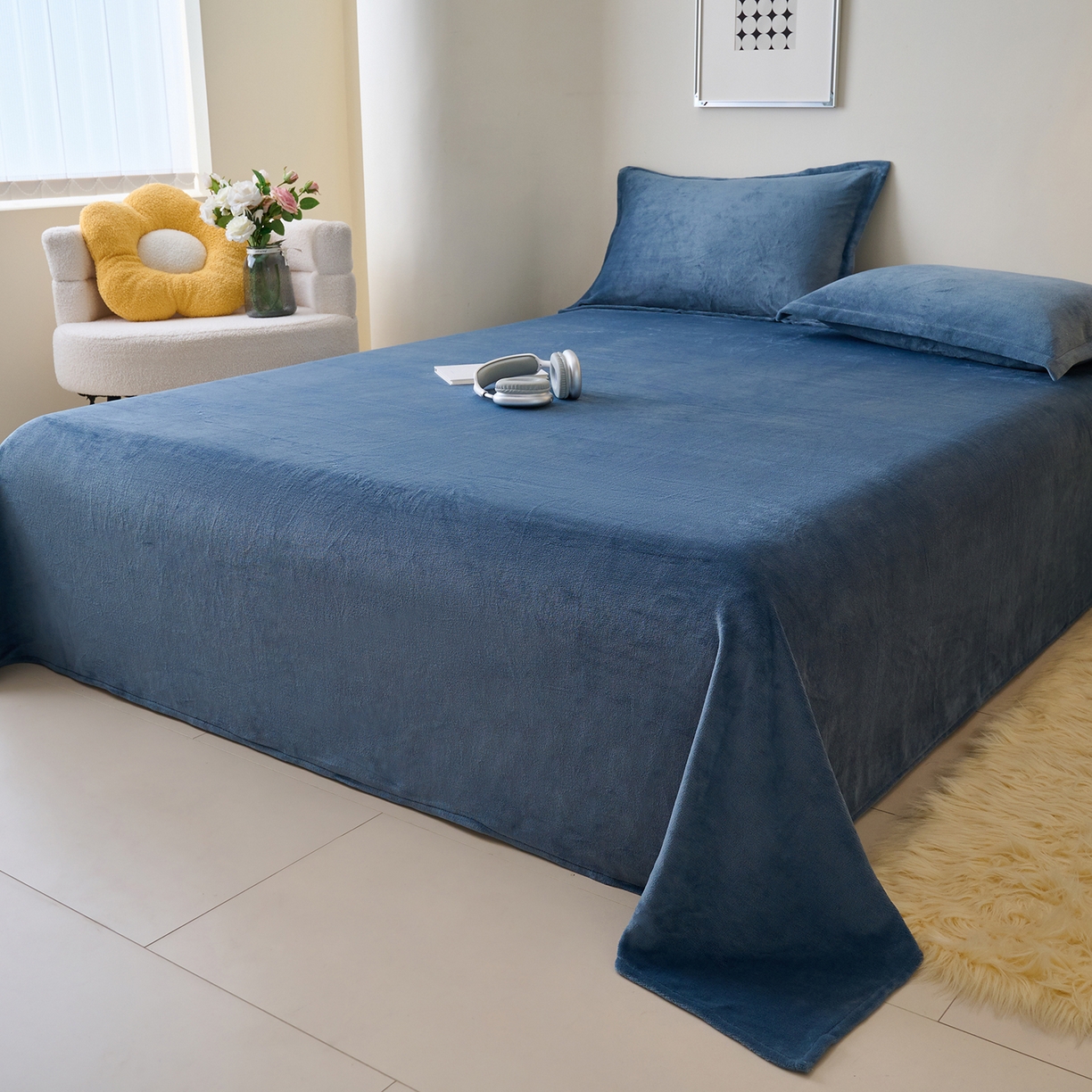 91家纺网 家纺一手货源 找家纺 简爱家纺 2025新款高克重牛奶绒床单系列 宾利蓝