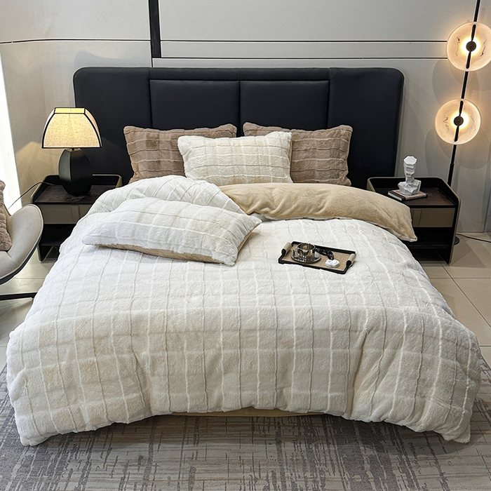 91家纺网 家纺一手货源 找家纺 宜代光年 2025新款托斯卡纳仿兔绒四件套-方格套件 托斯卡纳-方格白