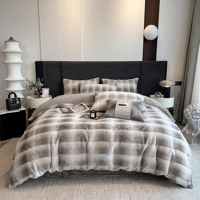 宜代光年 2025新款托斯卡纳仿兔绒四件套-方格套件 尼彩-灰