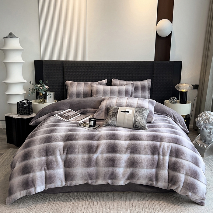 宜代光年 2025新款托斯卡纳仿兔绒四件套-方格套件 尼彩-墨蓝灰