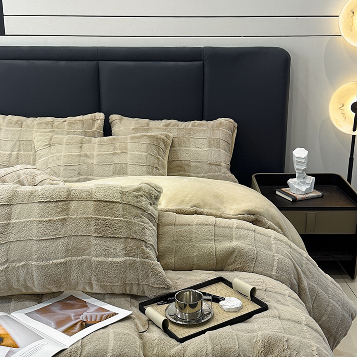 91家纺网 家纺一手货源 找家纺 宜代光年 2025新款托斯卡纳仿兔绒四件套-方格套件 托斯卡纳-方格咖