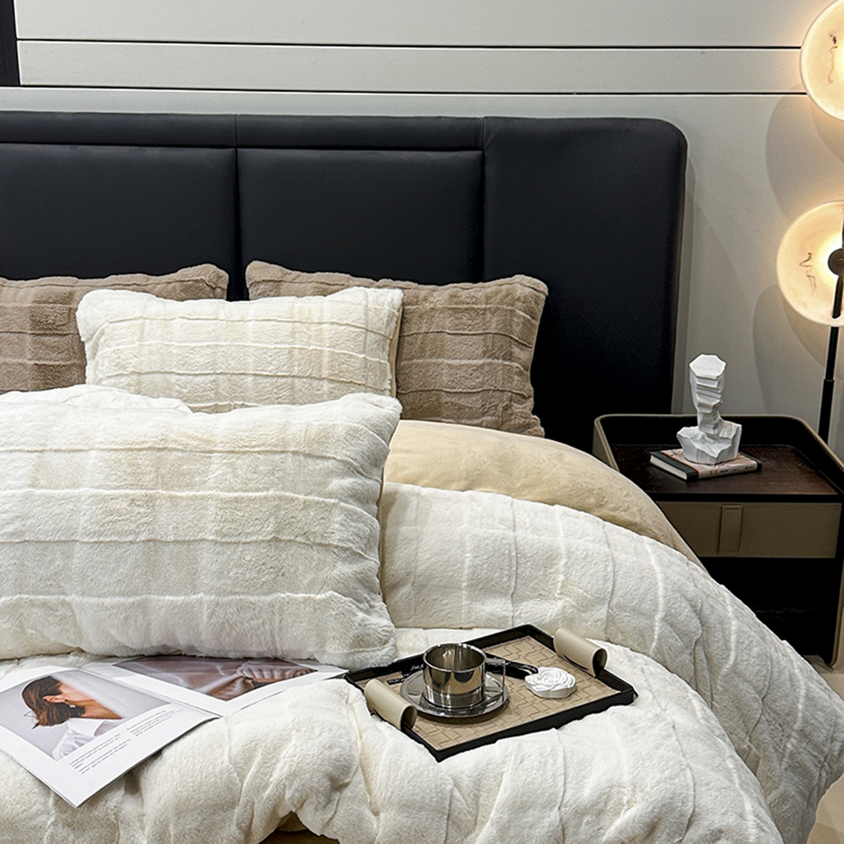 91家纺网 家纺一手货源 找家纺 宜代光年 2025新款托斯卡纳仿兔绒四件套-方格套件 托斯卡纳-方格白