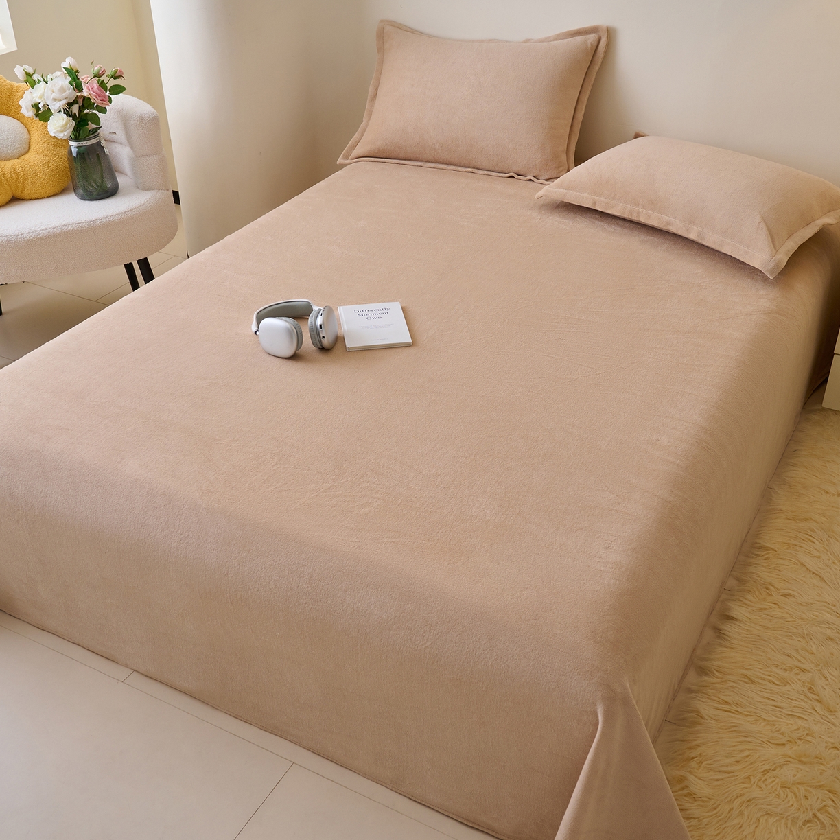 91家纺网 家纺一手货源 找家纺 简爱家纺 2025新款高克重牛奶绒床单系列 卡其