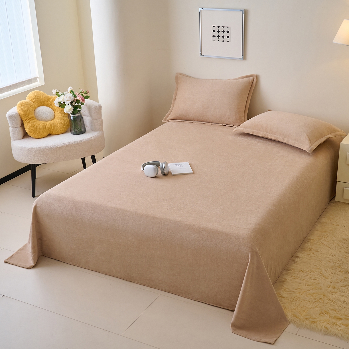 91家纺网 家纺一手货源 找家纺 简爱家纺 2025新款高克重牛奶绒床单系列 卡其